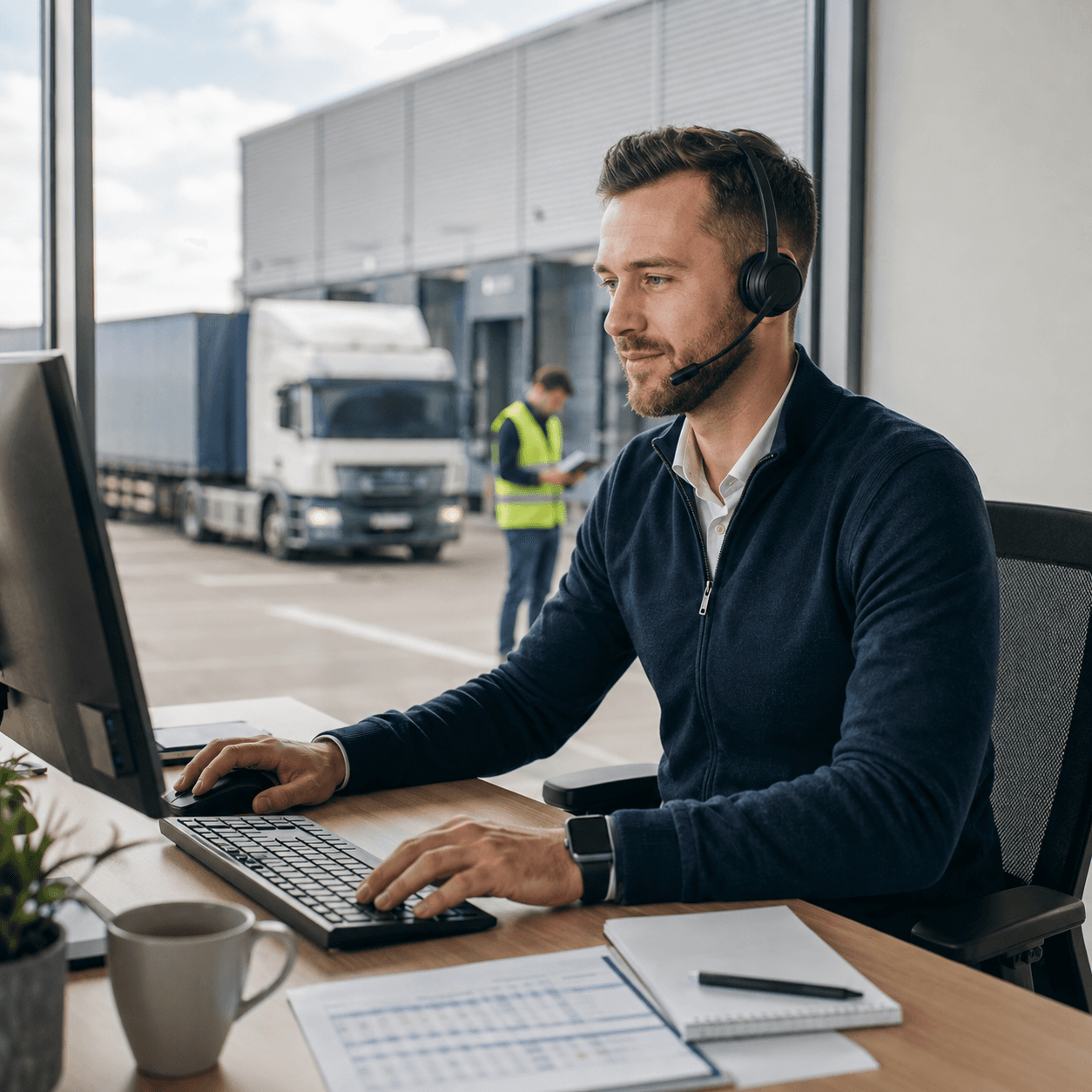 Spedytor MF Logistics przy stanowisku pracy z widokiem na plac manewrowy